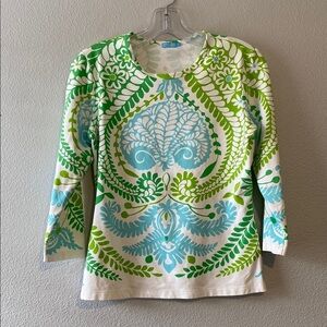 J McLaughlin Womens Shirt Small Blue Green Nylon 3/4 Sleeve Pullover Top